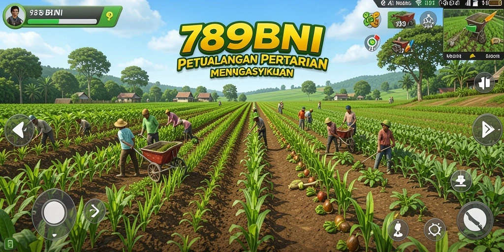 Screenshot gameplay pertanian 789BNI yang menampilkan lahan hijau.