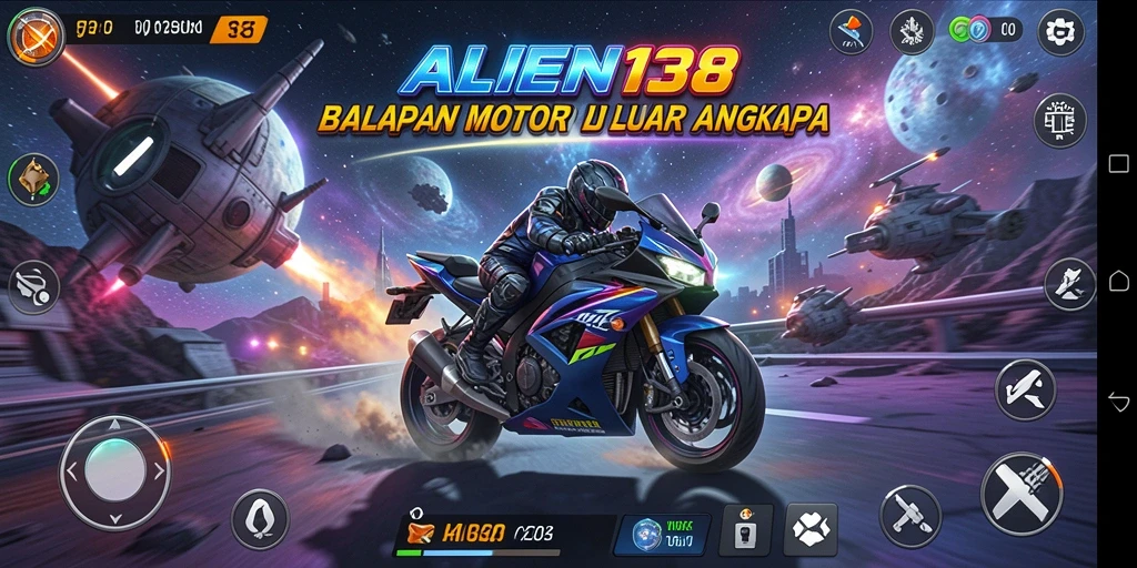 Tampilan gameplay seru balapan motor di luar angkasa.