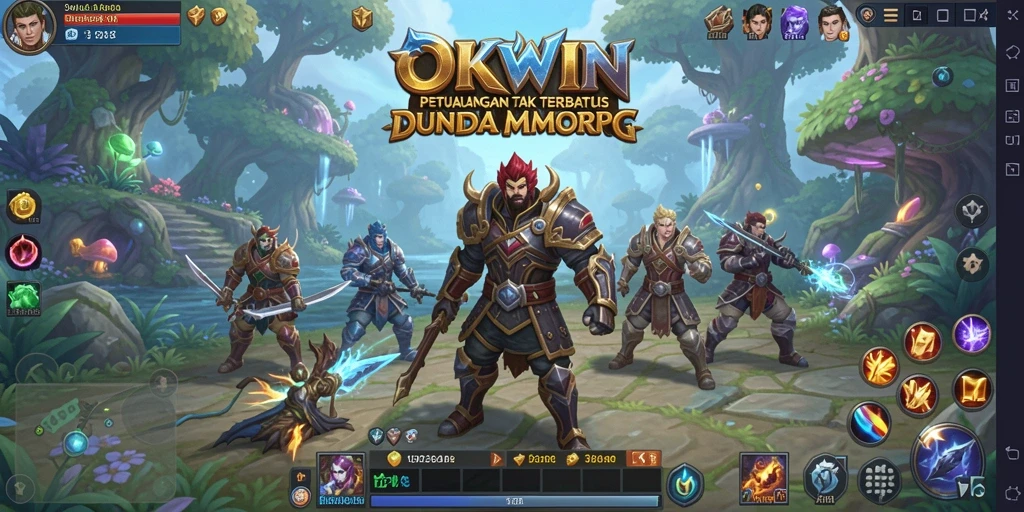 Screenshot utama OKWIN menampilkan aksi seru dalam pertempuran MMORPG.